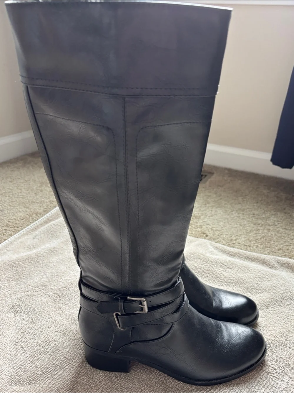 Unisa Black Leather Over-the-Knee Boots with Strap Detail